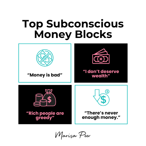 Graphic showing top subconscious money blocks that stop wealth manifestation