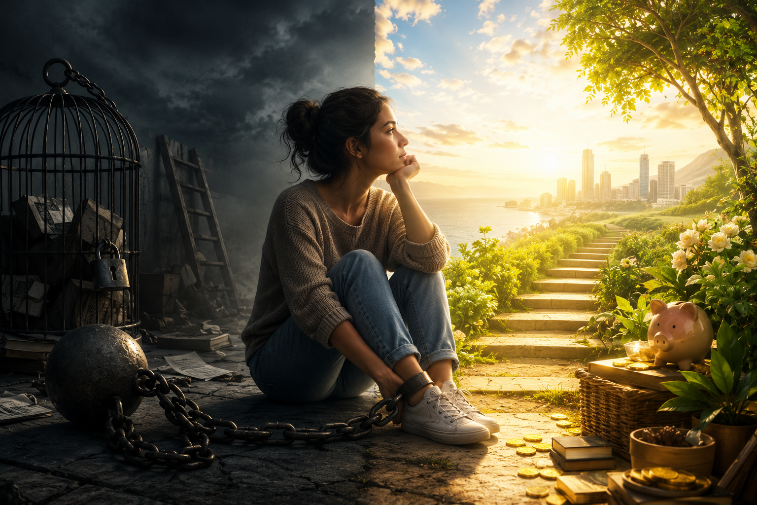 Woman transitioning from financial struggle to abundance, symbolizing overcoming subconscious money blocks and developing a wealth mindset.
